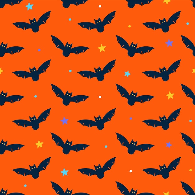 Cute Happy Halloween bat bats cartoon seamless pattern vector Orange background ghost star