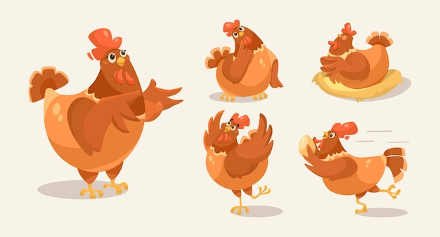 Cute happy hen cartoon character vector illustrations set