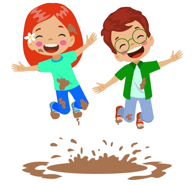 Vector cute happy kids jumping in mud