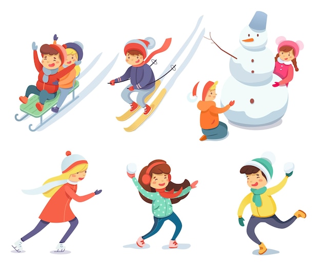 Cute happy kids playing at Christmas or New Year Skiing building snowman skating snowballs