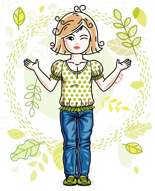 Cute happy little blonde girl posing on background of spring landscape and wearing fashionable casual clothes. Vector character.