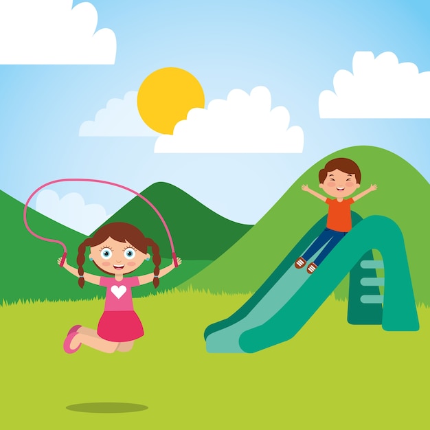 Cute happy little kids playing slide jump rope playground