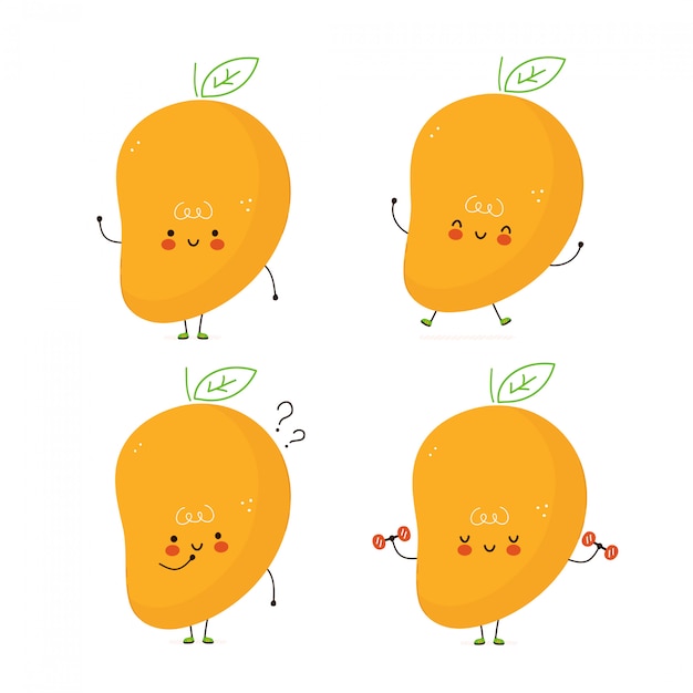 Cute happy mango fruit set. Isolated on white . Vector cartoon character illustration design,simple flat style. Mango character bundle, collection concept