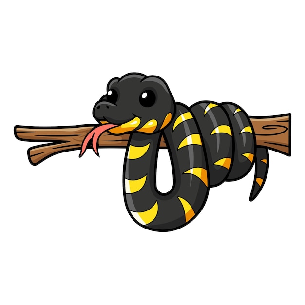 Cute happy mangrove snake cartoon on tree branch