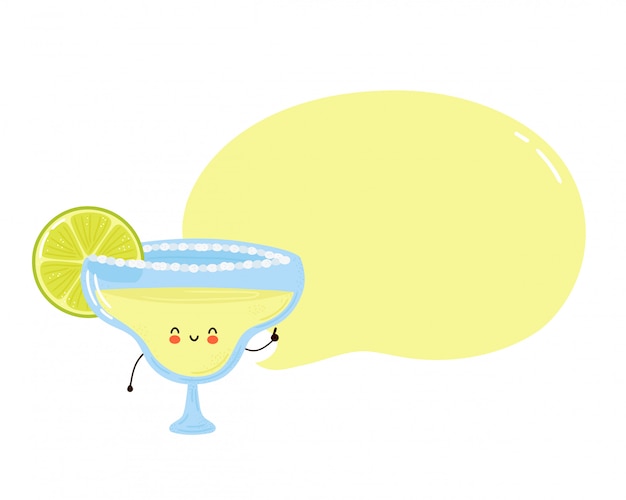 Cute happy margarita cocktail glass with speech bubble. Isolated on white background. cartoon character hand drawn style illustration