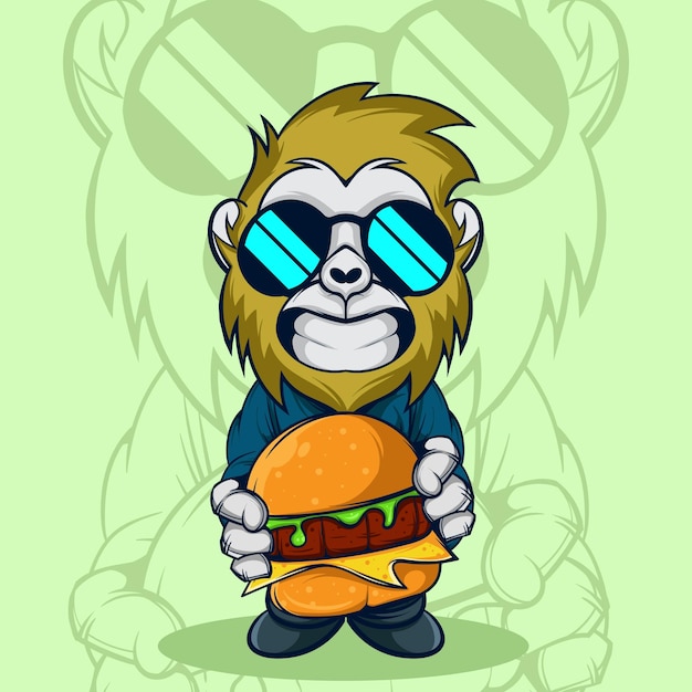 CUTE HAPPY MONKEY WITH BIG BURGER