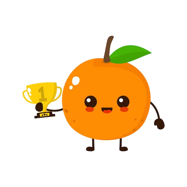 Cute happy orange fruit with gold trophy Vector flat fruit cartoon character illustration icon