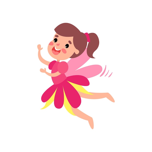 Cute happy pink fairy with wings flying cartoon vector Illustration on a white background