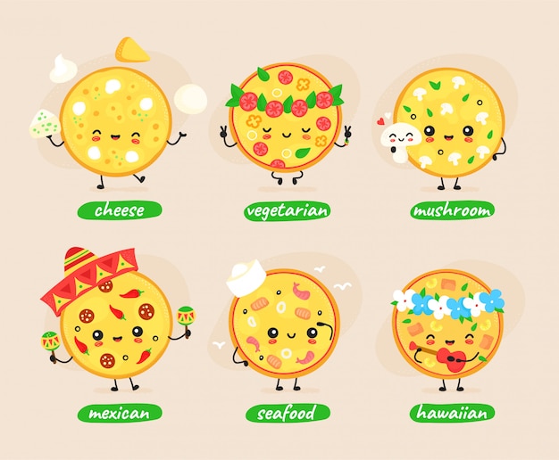 Cute happy pizza character set collection. Pizza character concept