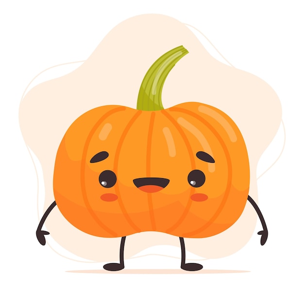 Cute happy pumpkin character. Funny vegetable emoticon. Vector illustration in cartoon style