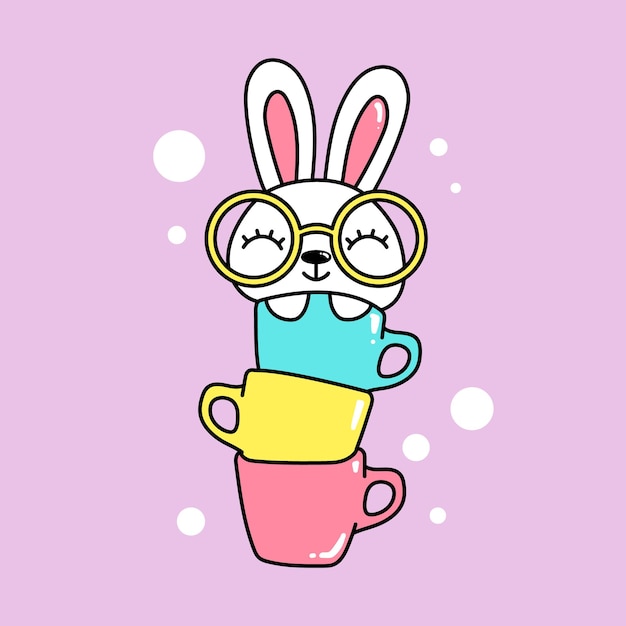 CUTE HAPPY RABBIT WEARING GLASSES INSIDE OF A MUGS