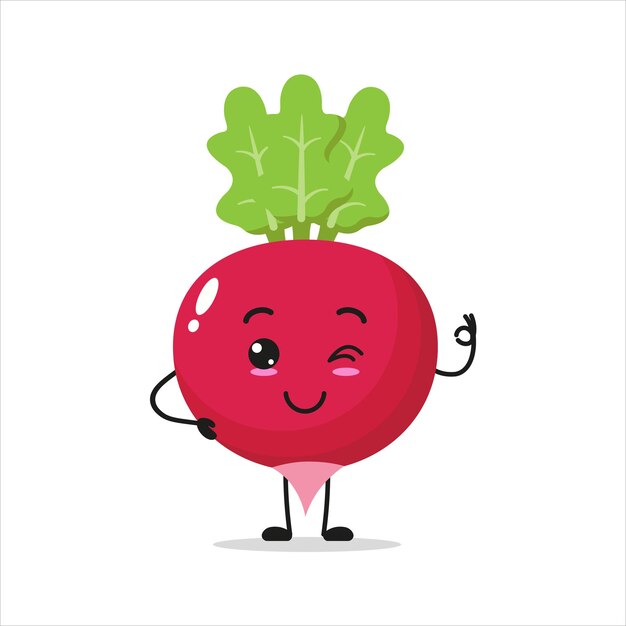 Vector cute happy radish character funny smiling and blink vegetable cartoon vector in flat style