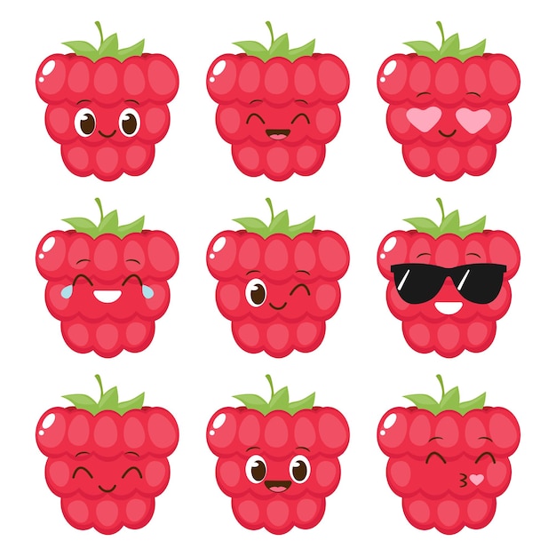 Cute happy red raspberry character set Funny berry emoticon in flat style Cartoon fruit emoji vector illustration