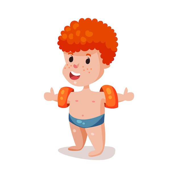 Cute happy redhead boy jumping wearing inflatable armbands, kid ready to swim colorful character vector Illustration on a white background