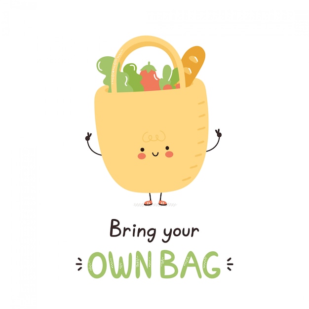 Cute happy reusable bag. Isolated on white . Vector cartoon character illustration design,simple flat style. Eco reusable concept. Bring your own bag card