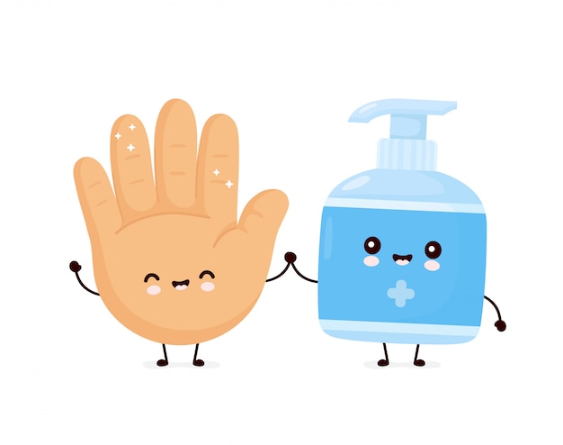 Vector cute happy smiling antiseptic bottle and hand.