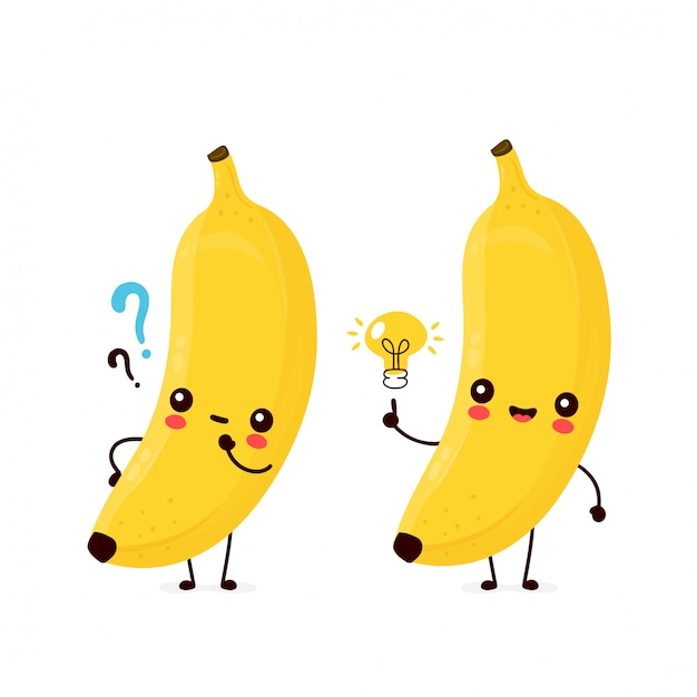 Cute happy smiling banana fruit with question mark and idea lightbulb.