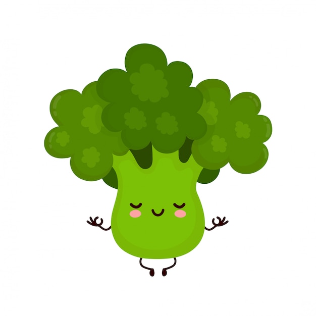 Cute happy smiling broccoli vegetable meditate in yoga pose. Cartoon character.