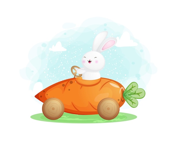 Cute happy smiling bunny driving a carrot car happy easter day