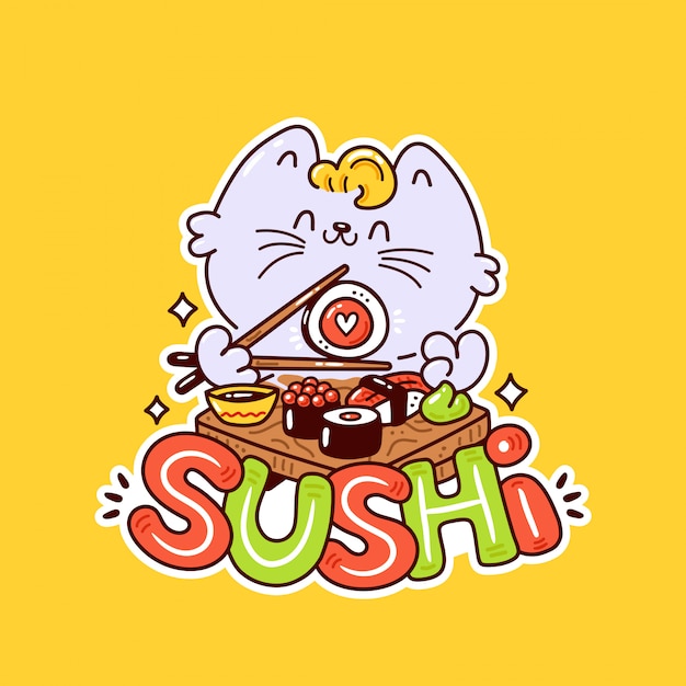 Cute happy smiling cat eat sushi.