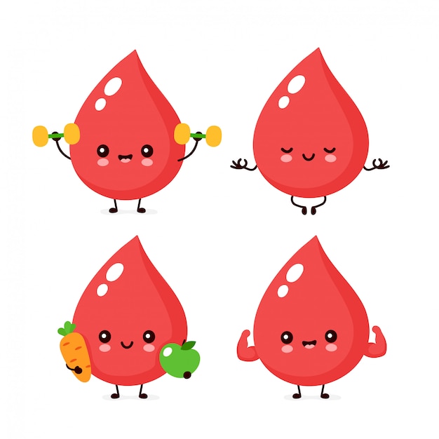 Cute happy smiling healthy blood drop character set. Blood drop character concept