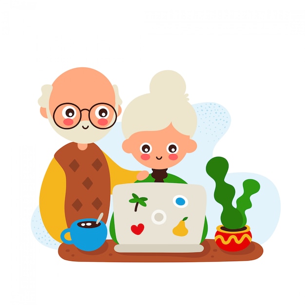 Cute happy smiling old woman and man with a laptop