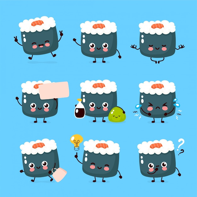 Cute happy smiling sushi character set collection. Sushi character concept