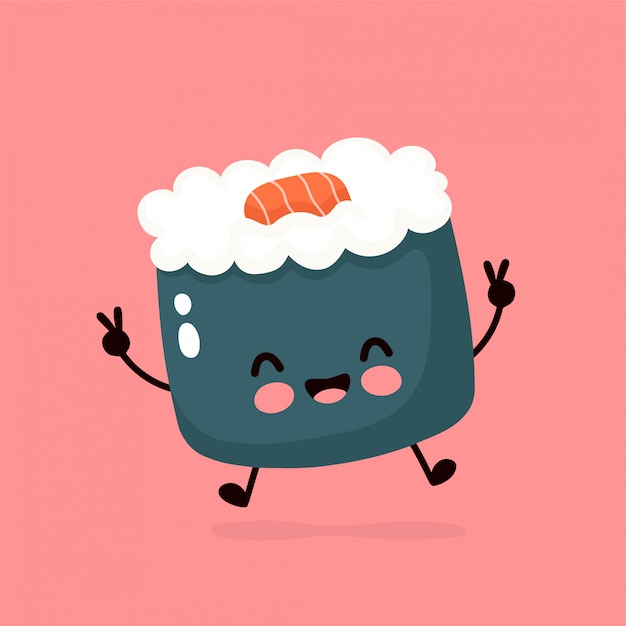 Cute happy smiling sushi,roll. hand drawing style illustration. Asian,japanese,chinese food