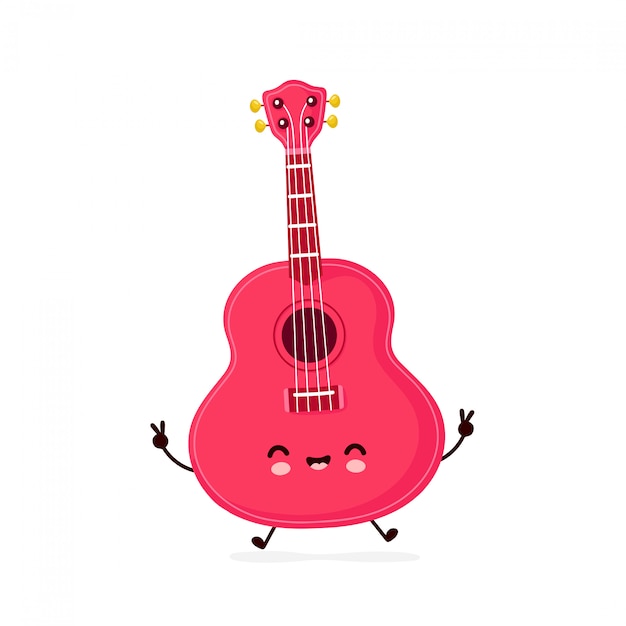 Cute happy smiling ukulele guitar. Cartoon character.