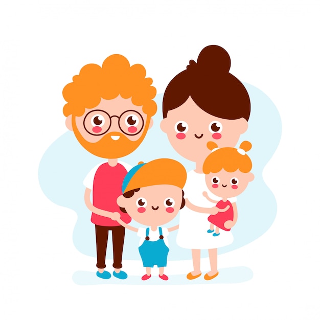 Cute happy smiling young family.Father, mother, son and daughter together.  modern flat style illustration icon . Isolated on white . Happy family 