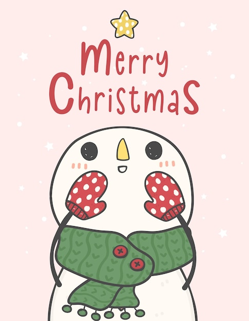 Cute happy snowman in green scarf shouting Merry Christmas doodle cartoon drawing vector