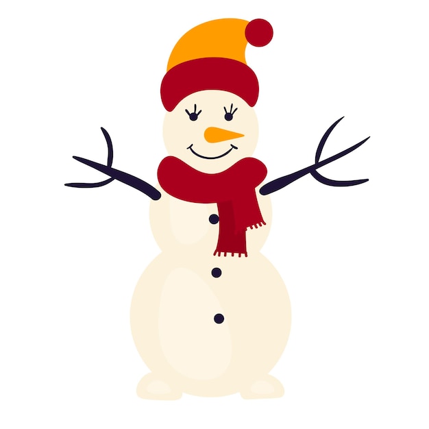 Cute happy snowman isolated on white background. Cartoon flat style.