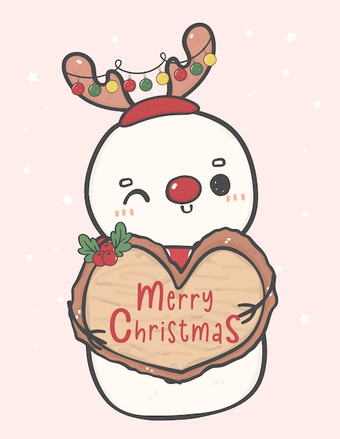 Cute happy snowman reindeer antler holding wooden board sign heart shape Merry Christmas doodle