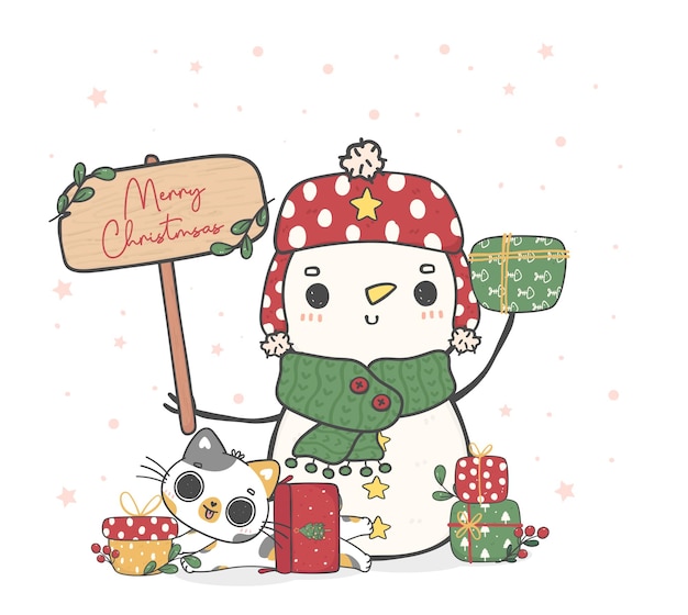 Cute happy snowman in winter scarf and hat with calico cat Merry Christmas doodle cartoon drawing