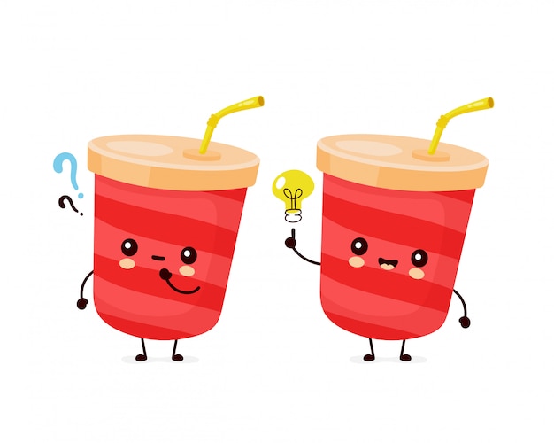 Cute happy soda water cup with question mark and idea lightbulb.  flat cartoon character illustration icon design.Isolated on white background.