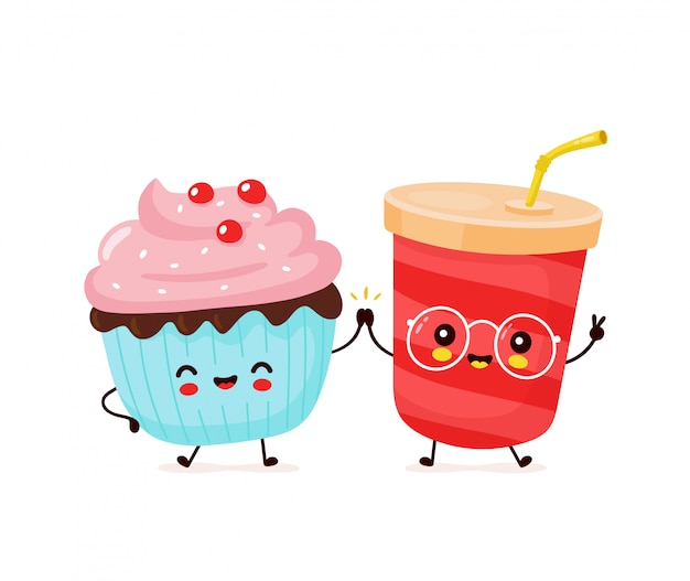 Cute happy soda water and cupcake couple.