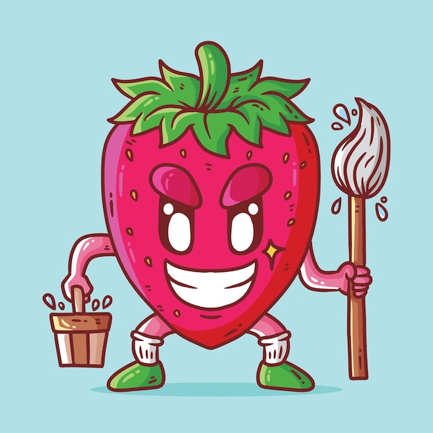 Cute happy Strawberry fruit mopping the floor mascot character vector cartoon illustration