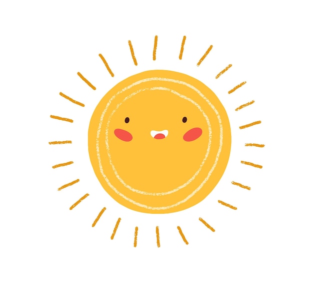 Cute happy summer sun with rays. Childish drawing of solar circle in Scandinavian style. Sunny weather doodle icon. Colored flat textured vector illustration isolated on white background.