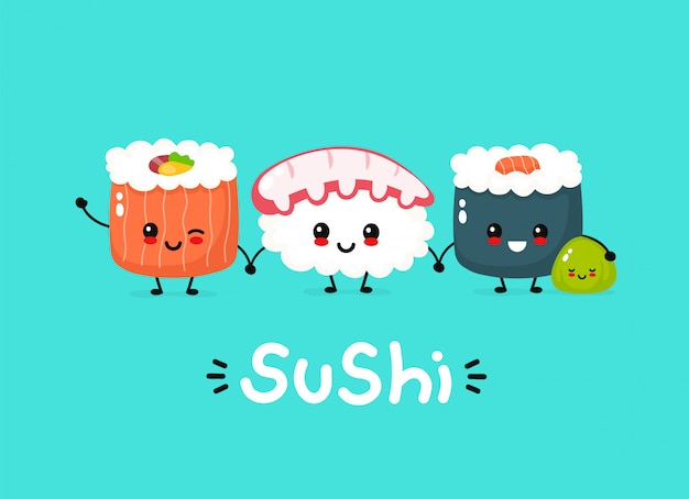 Cute happy sushi, roll and wasabi