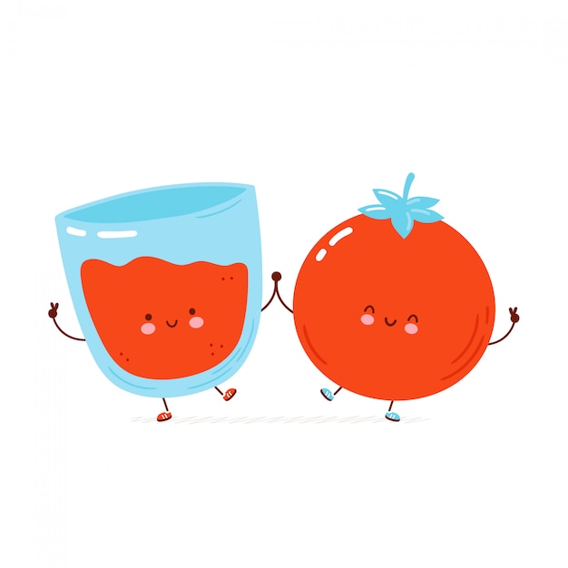 Cute happy tomato and juice glass. cartoon character hand drawn style illustration