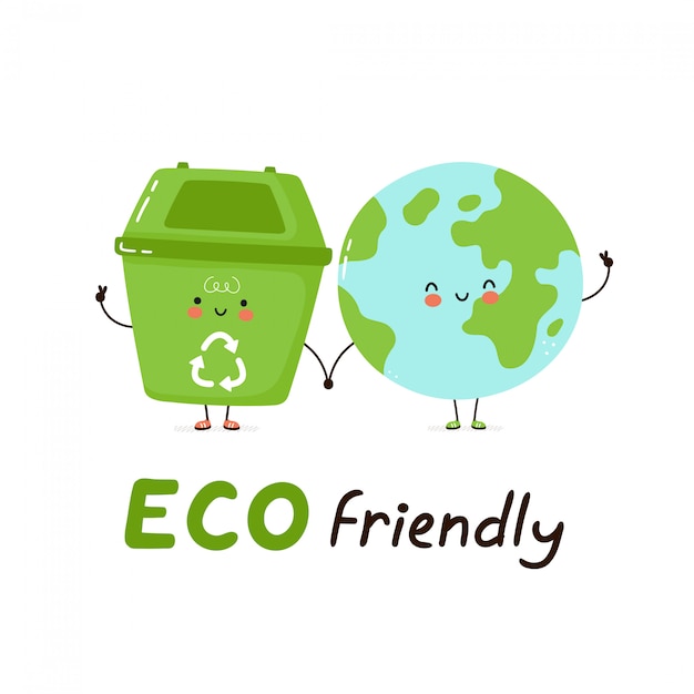 Cute happy trash bin and Earth planet. Eco friendly card. Isolated on white . Vector cartoon character illustration design,simple flat style. Recycling, sorted garbage concept