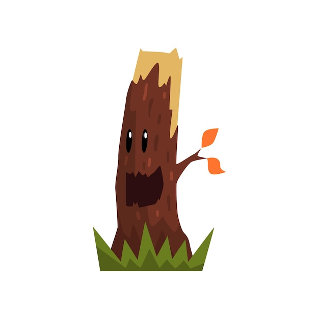 Cute happy tree stump character with funny face vector Illustration isolated on a white background.