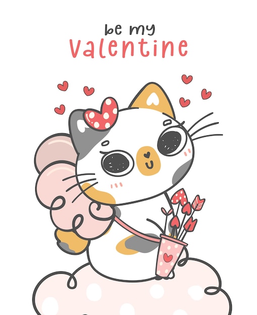 Cute happy Valentine love cupid Calico kitten sits on pink cloud be my Valentine animal cartoon character doodle hand drawing