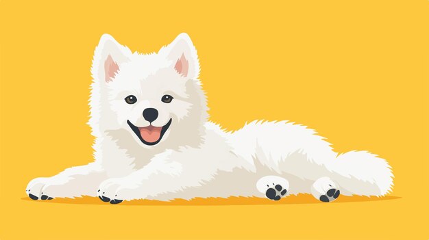 Vector cute happy white samoyed puppy lying against yellow background