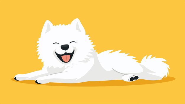 Vector cute happy white samoyed puppy lying against yellow background