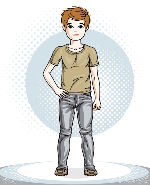 Cute happy young teen boy posing in stylish casual clothes. Vector kid illustration. Childhood lifestyle cartoon.