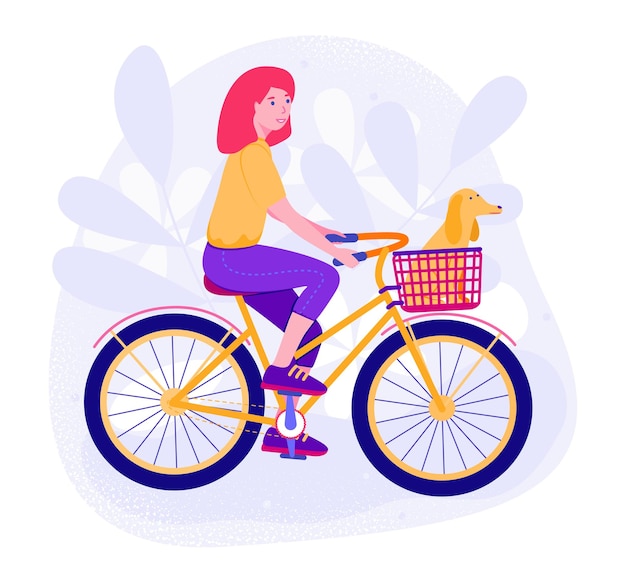 Cute happy young woman and her dog on bicycle