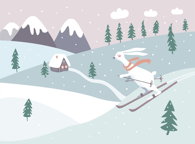 Cute hare or bunny in a red scarf is skiing down the slide Winter landscape with mountain house