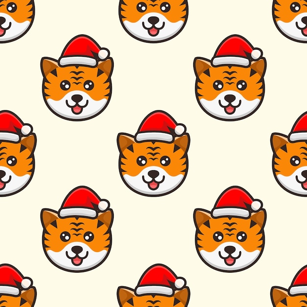 cute head tiger with hat christmas pattern design