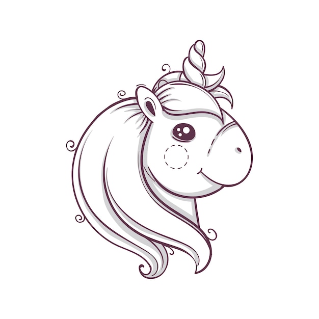 Cute head of unicorn. Monochrome sketch hand drawn style, vector illustration